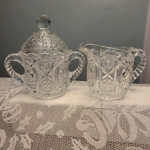 EAPG McKee Glass Quintec Press Cut Lidded Sugar Bowl and Creamer Set