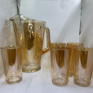 Jeannette Carnival Glass Marigold Honeycomb Pattern Pitcher with 6 Matching Glasses