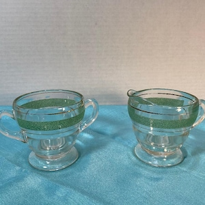 Green/Gold striped Kent Green Glass sugar and creamer set