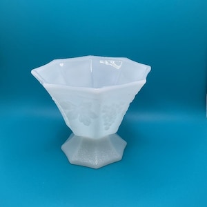 Vintage Anchor Hocking Milk Glass Octagon Shaped Footed Compote Bowl w/Embossed Grape and Leaves Design