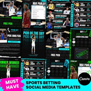Pode incluir: Um conjunto de modelos de mídia social para apostas esportivas. Os modelos apresentam vários jogadores de basquete, incluindo Stephen Curry, LeBron James e Anthony Edwards. Os modelos são projetados em um esquema de cores preto e turquesa e incluem texto como "Pick of the Day", "Free Pick" e "Day 1 Ladder Challenge".