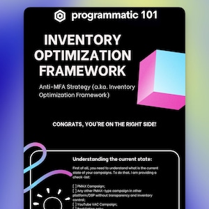 May include: A black and white infographic with the title "Inventory Optimization Framework" and the text "Anti-MFA Strategy (a.ka. Inventory Optimization Framework)". The infographic explains how to understand the current state of your campaigns by providing a checklist of different campaign types.