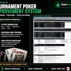 Op de afbeelding: Een digitaal toernooi poker verbeteringssysteem voor Excel, met een 5-stappen workflow, besluitvormingsgerichte beoordeling en focus-discipline. De interface toont een gedetailleerd spreadsheet met kolommen voor actie, beschrijving en tijd, naast pokerchips.