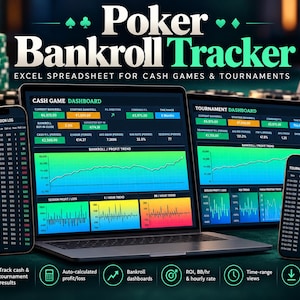 May include: A digital Poker Bankroll Tracker Excel spreadsheet displayed on a laptop and two smartphones, featuring cash game and tournament dashboards with colorful profit trend graphs, session logs, and data tables for tracking game results.
