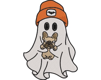 Ghost puppy borduurontwerp, Halloween hond Franse Bulldog, gezellig herfstpatroon (digitale download)