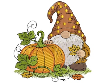 Diseño de bordado de gnomo otoñal / Archivo de bordado de calabaza otoñal (descarga digital)