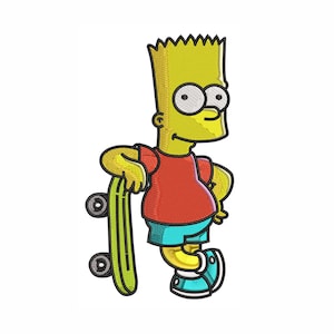 May include: Embroidered patch featuring Bart Simpson from The Simpsons cartoon. Bart is depicted in his signature outfit: a red t-shirt, blue shorts, and blue sneakers. He is holding a green skateboard. The patch has a yellow, red, green, and blue color scheme.