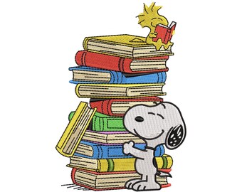 Snoopy Book Stack borduurontwerp, hondenbestand lezen, terug naar school (digitale download)