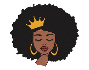 Afro-koningin borduurontwerp, zwarte vrouw kroon natuurlijk haar (digitale download)
