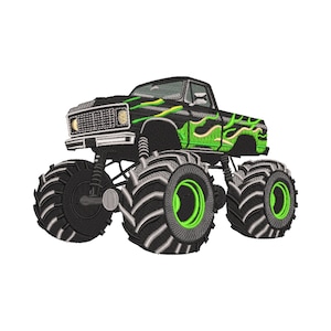 May include: Embroidered monster truck in black with green and yellow flame accents. The truck has large, gray tires with black treads and green rims. The design is on a white background.