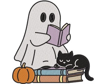 Halloween Ghost Reading-borduurontwerp, spookachtige gezellige boeken, herfstborduurbestand