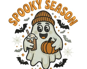 Gorro bordado de fantasma de temporada espeluznante de 5x7 / Calabaza y café con leche para Halloween, descarga instantánea