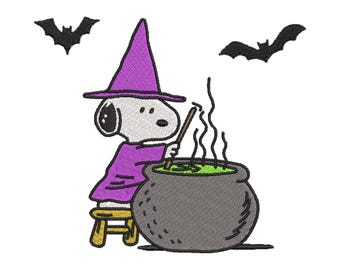 Snoopy Witch koken borduurwerk ontwerpen, Halloween ketelbestand (digitale download)