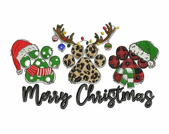 Vrolijk kerstfeest pootafdruk borduurontwerp | Vakantie hondenpootpatroon | Direct downloaden