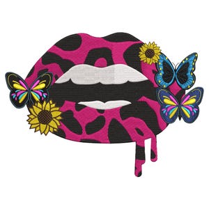 May include: Embroidered design of a pair of lips with a pink leopard print pattern and black outline. The lips have white teeth and are adorned with two yellow sunflowers and three colorful butterflies. The bottom of the lips have a pink dripping effect.