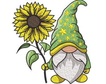 Diseño de bordado de gnomo de girasol para máquina (descarga instantánea)