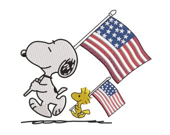 Diseño de bordado de Snoopy Woodstock con la bandera de EE. UU. / Dibujo animado patriótico del 4 de julio (Descarga digital)