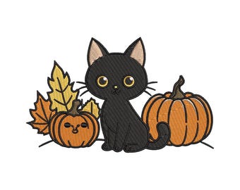Black Cat Pumpkin Borduurontwerp, Halloween Herfst Herfst Borduurbestand