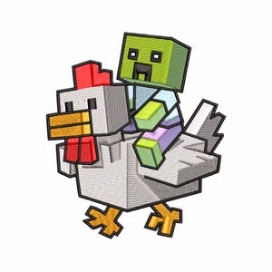 May include: Embroidered design featuring a pixelated zombie riding a pixelated chicken. The zombie is green, blue, and purple. The chicken is white with red, orange, and yellow accents. The design is on a white background.