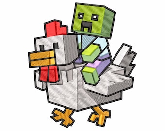 Diseño de bordado a máquina estilo Minecraft: Pollo Montando un Zombi • Descarga instantánea