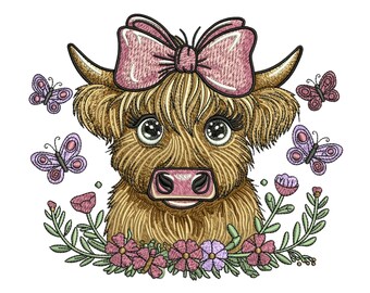 Diseño de bordado de vaca bebé de las Tierras Altas: archivo de animal de granja (descarga instantánea)