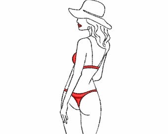 Arte lineal de chica de verano: diseño de bordado a máquina de traje de baño minimalista para mujer • Descarga instantánea