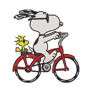 May include: An embroidered image of Snoopy riding a red bicycle with black tires. Woodstock is riding on the back. Snoopy is wearing sunglasses. The image is on a white background.