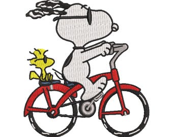 Diseño de bordado de perro de dibujos animados en bicicleta / Aplicación para camiseta infantil (Descarga digital)