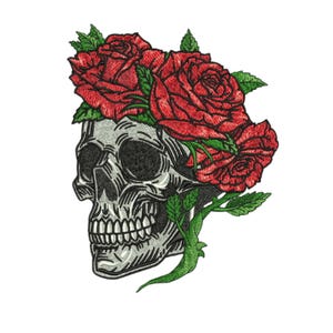 May include: A white skull with a crown of red roses. The skull is detailed with a prominent jawline and teeth. The roses are in full bloom and have green leaves.