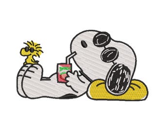 Diseño de bordado de Snoopy relajándose con una bebida – Archivo de bordado a máquina de dibujos animados
