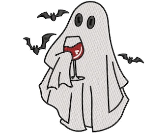 Ghost drinken wijn borduurontwerp, minimaal spookachtig Halloween-patroon (digitale download)
