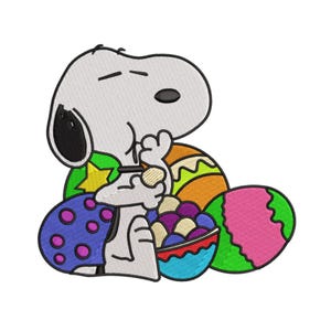 May include: An embroidered Snoopy design, holding a small object, with colourful Easter eggs. The eggs are decorated with patterns and colours, including blue with purple polka dots, orange, and pink. A cheerful Easter theme.