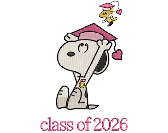 Snoopy afstuderen borduurontwerp, Class of 2026, Woodstock, digitaal bestand