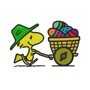 May include: Embroidered design of a yellow cartoon character wearing a green hat, pulling a yellow cart filled with colorful Easter eggs. The cart has a single wheel. The character is smiling.