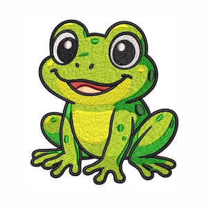 Könnte beinhalten: Gesticktes Design einer lächelnden grünen Froschfigur mit großen schwarz-weißen Augen, einem gelben Bauch und einem roten Mund. Der Frosch hat grüne Flecken und ist vor weißem Hintergrund platziert. Geeignet für Bastelprojekte.
