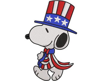 Diseño de bordado patriótico de Snoopy / Perro con sombrero del Tío Sam 4 de julio (Descarga digital)