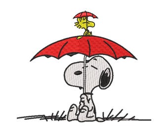 Dog with Umbrella Embroidery Design – Rainy Day Cartoon Embroidery File