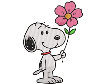 Diseño de bordado de perro de dibujos animados con flores / Archivo de bordado de cachorro (descarga digital)