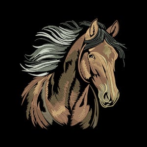 May include: An embroidered image of a horse's head against a black background. The horse is depicted in shades of brown, tan, and gray, with flowing mane and detailed facial features. The embroidery style gives a textured, artistic appearance.