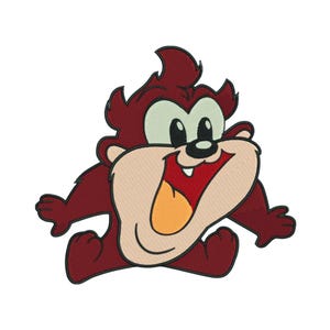 Może przedstawiać: Haftowana naszywka z postacią z kreskówki Taz, Diabła Tasmańskiego. Projekt przedstawia postać z szeroko otwartymi ustami, czerwonym językiem i jasnobeżową twarzą. Postać siedzi z wyciągniętymi ramionami i nogami.