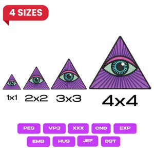 Peut inclure: Graphique présentant quatre motifs triangulaires violets avec un œil au centre, de tailles croissantes de 2,5 x 2,5 cm à 10 x 10 cm. Le texte "4 SIZES" est dans une bannière rouge. Options de format en dessous.