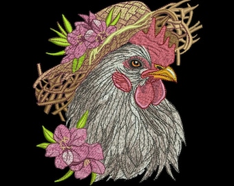 Diseño de bordado de gallo con sombrero floral / Descarga instantánea