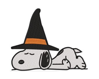 Slapende Snoopy heksenhoed borduurwerk ontwerpen, Halloween hondenbestand (digitale download)