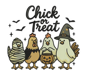 Diseño de bordado de pollo de Halloween "Chick or Treat" / Descarga digital