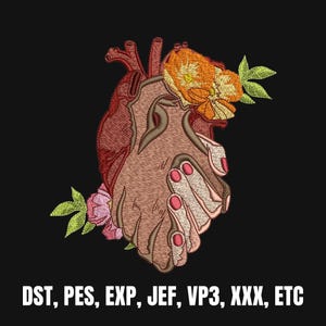 May include: An embroidered design of two hands clasped together, forming a heart shape. The hands are surrounded by a red heart, a yellow flower, and green leaves. The text "DST, PES, EXP, JEF, VP3, XXX, ETC" is at the bottom of the image.