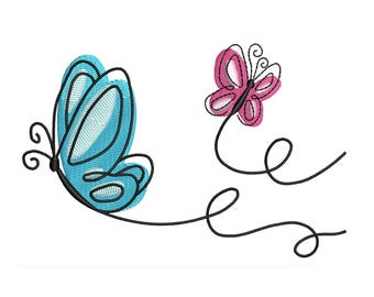 Diseño de bordado de mariposa floral con líneas / Patrón de puntada continua (Descarga digital)