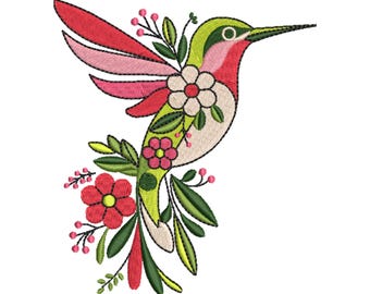 Diseño de bordado floral de colibrí / Archivo de bordado a máquina de pájaro (descarga digital)