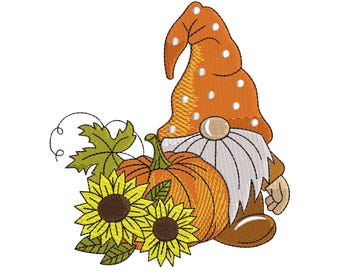 Diseño de bordado de gnomo girasol / Patrón de bordado de calabaza otoñal (descarga digital)