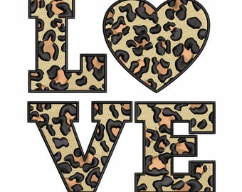 Diseño bordado con estampado de leopardo "Love" / Corazón, 5x7, 4x4 (Descarga instantánea)