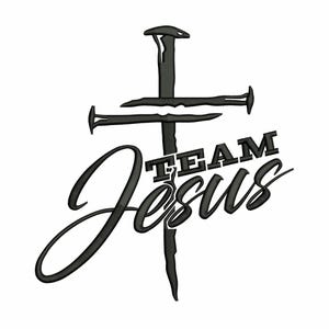 May include: Black graphic of a cross made of nails with the words "TEAM Jesus" in a stylized font. The word "Jesus" is in a cursive font, and the word "TEAM" is in a block font. The background is white.